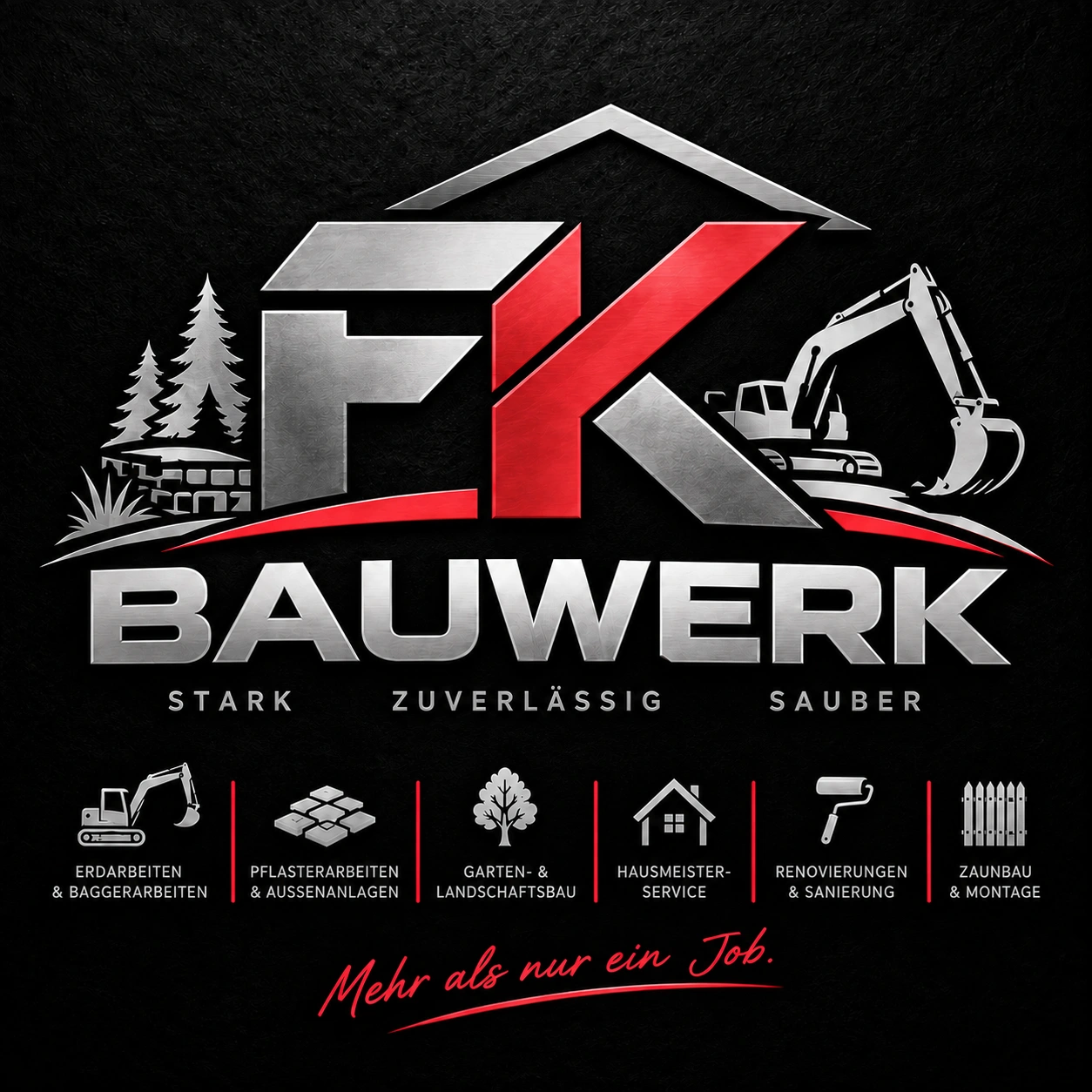 Das metallische FK-Bauwerk-Logo in Rot, Schwarz und Silber mit Haus, Bagger und Landschaftsmotiv